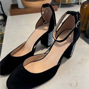 NWT ! J CREW black velvet heels with embellished detail.